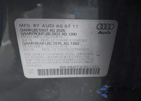2012 Audi Q5 3.2 Premium Plus из США, поврежденный, VIN WA1DKAFP3CA011332